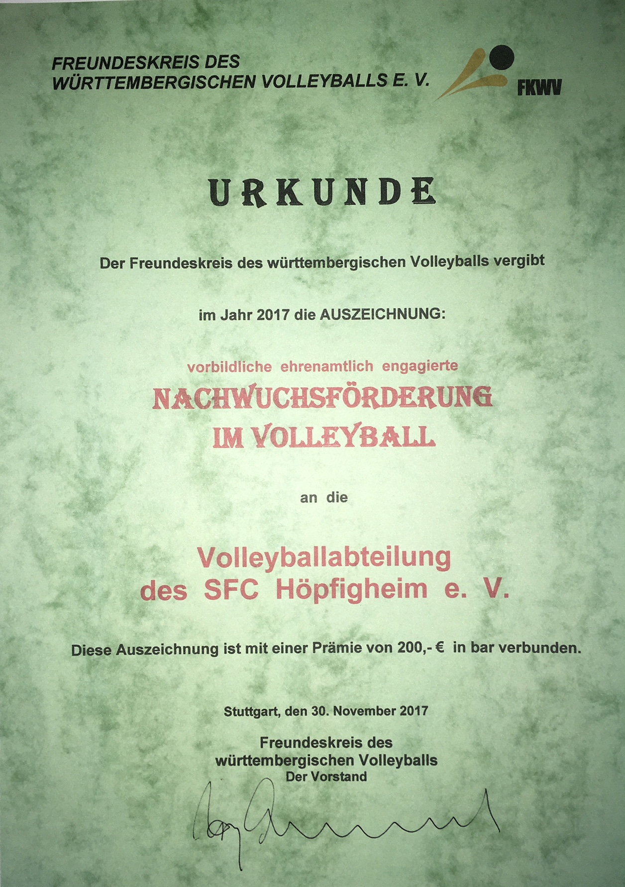Auszeichnung für die Volleyball-Jugendarbeit überreicht